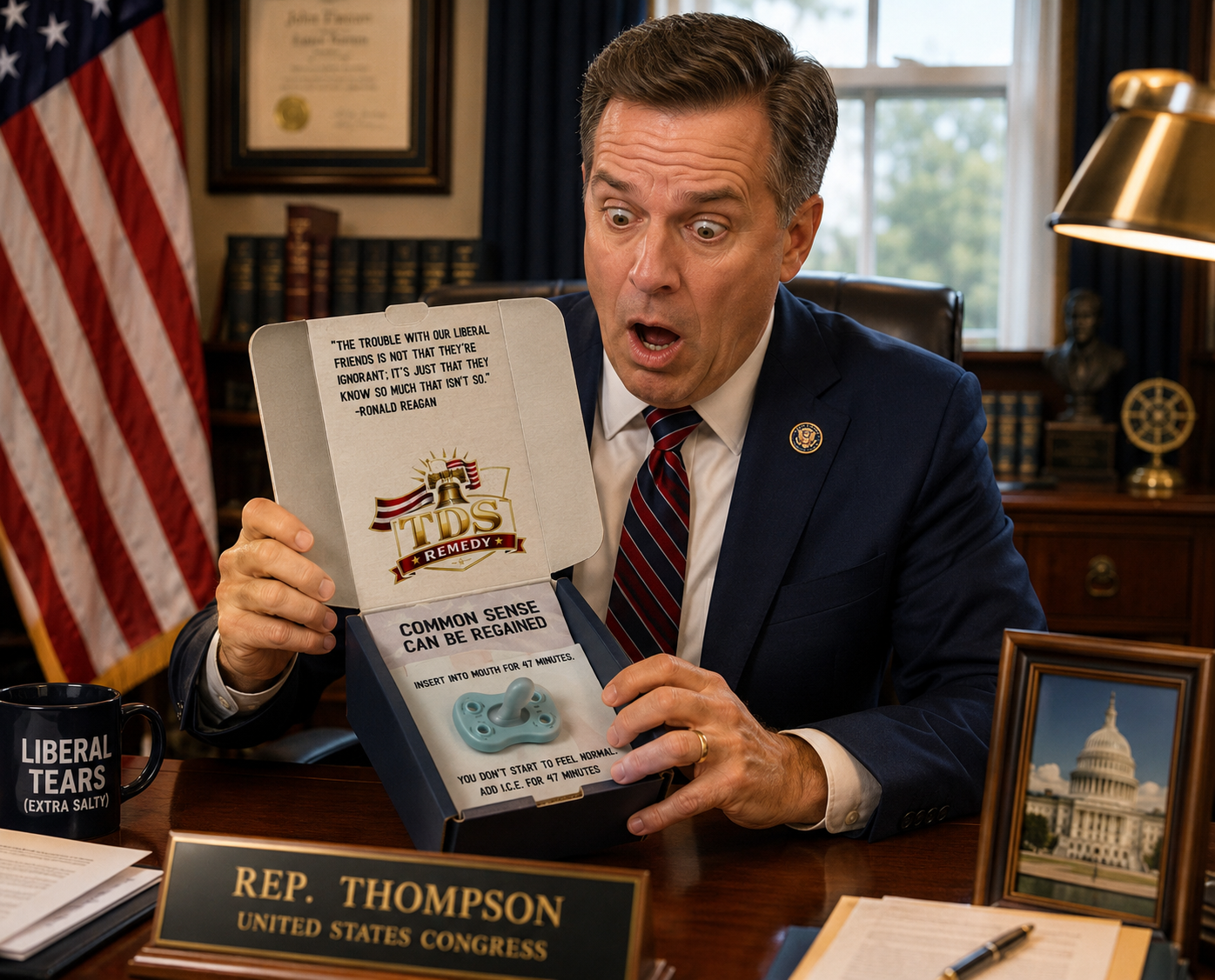Office scene with surprised congressman