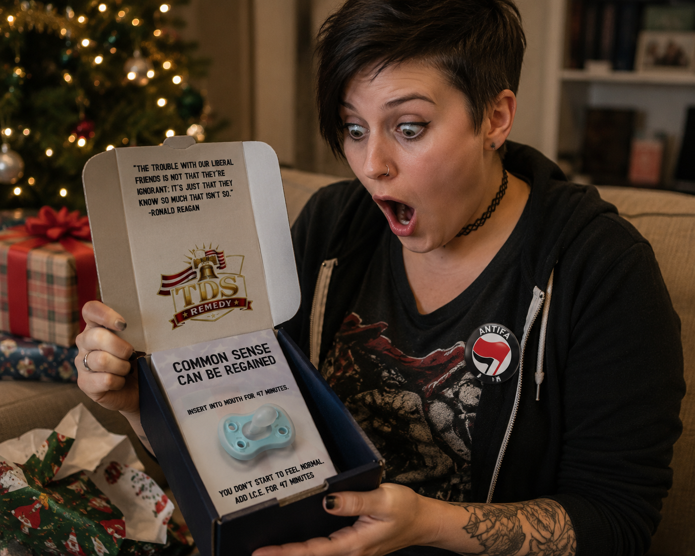 Surprised person opening a humorous gift box.