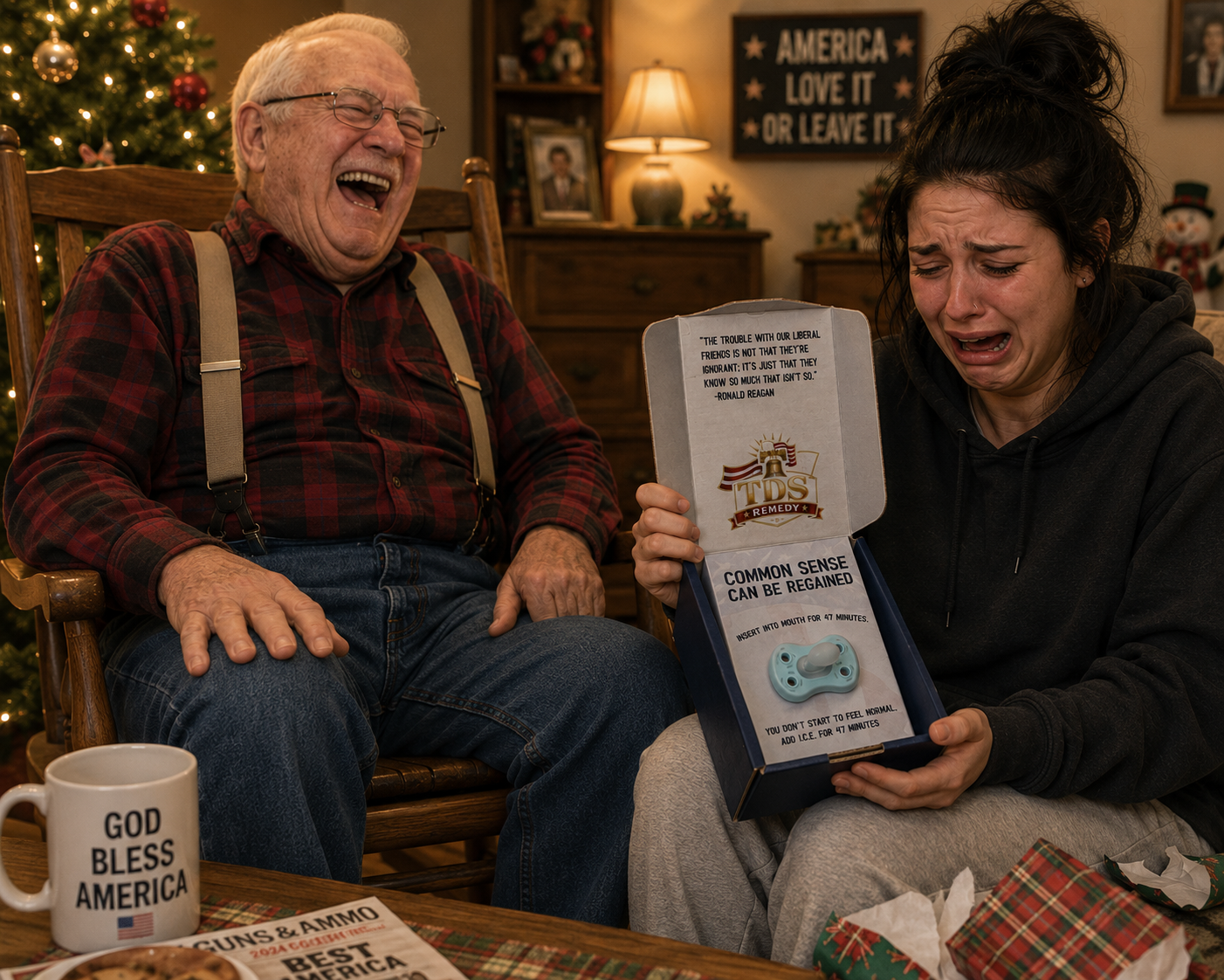 Grandfather laughing, granddaughter holding funny present